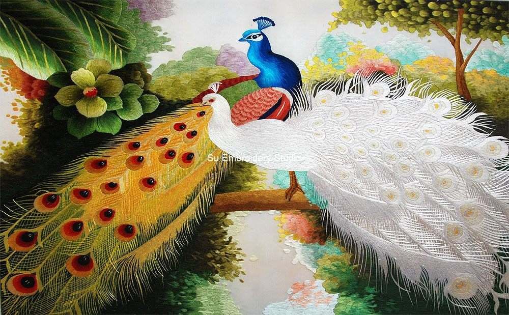 White Peacocks Chinese Silk Embroidered Artwork for Sale