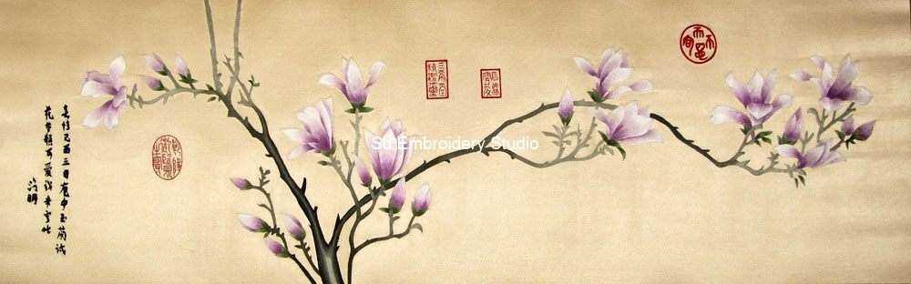 chinese silk embroidery purple magnolia flowers