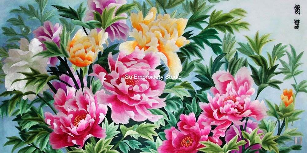 silk embroidered peonies