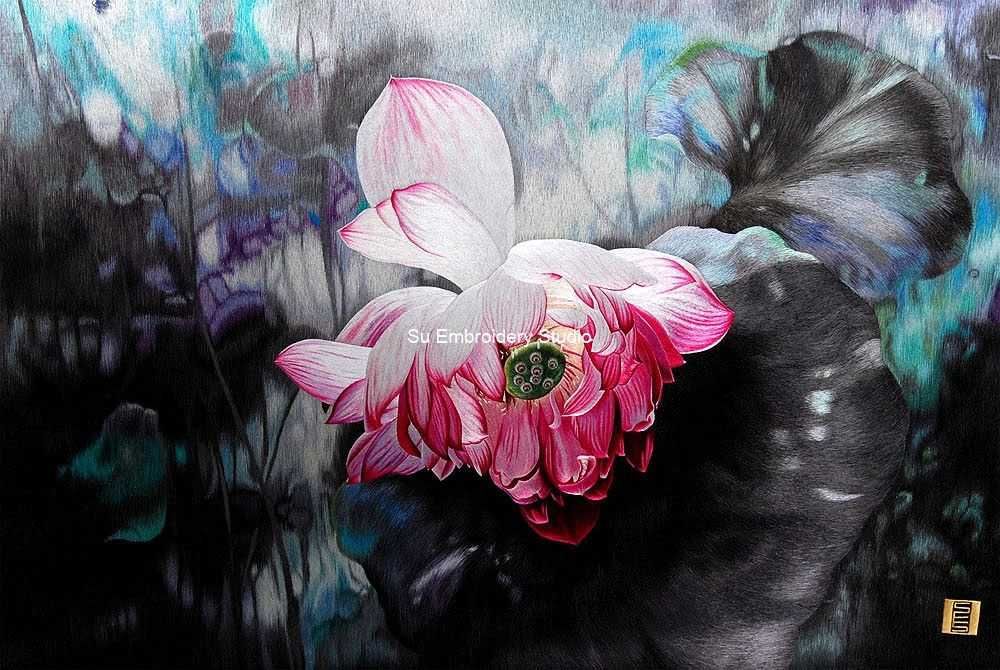 Masterpiece Silk embroidery 'Pink Lotus'
