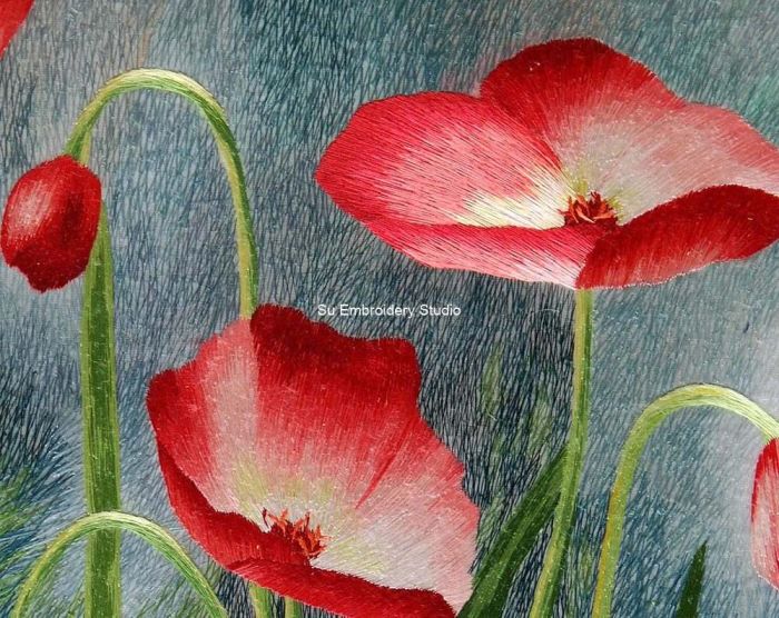 Red Poppy Flowers Chinese Silk Embroidery Art for Sale