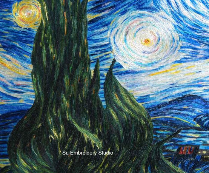 Starry Night Van Gogh's Painting in Chinese Silk Embroidery
