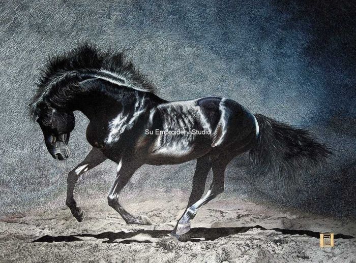 silk embroidery painting 'black horse'