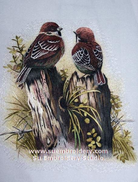 two sparrows silk hand embroidered
