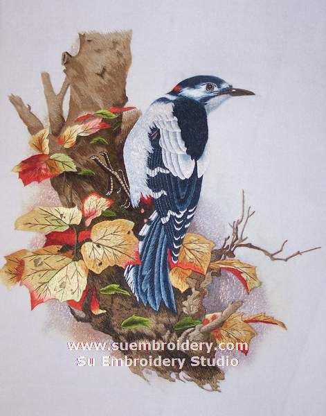 wood pecker painting silk hand embroidered
