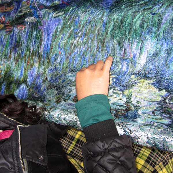 Chinese Embroidery Artist at SES Embroidering a Silk Embroidery of Lily Pond based on Monet's Oil Painting