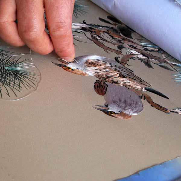 Chinese Embroidery Artist at SES Embroidering a Silk Embroidery of Two Sparrows based on a Traditional Chinese Painting