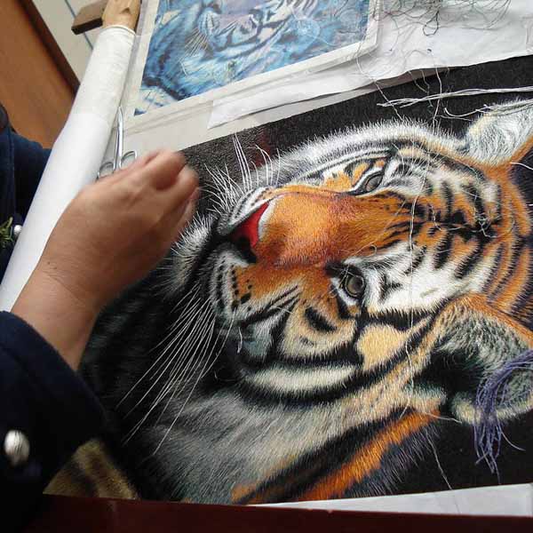 Chinese Embroidery Artist at SES Embroidering a Silk Embroidery of Tiger based on a Photograph