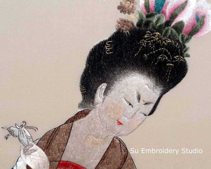 closeup of silk embroidery 'Court Ladies Adorning Their Hair with Flowers'