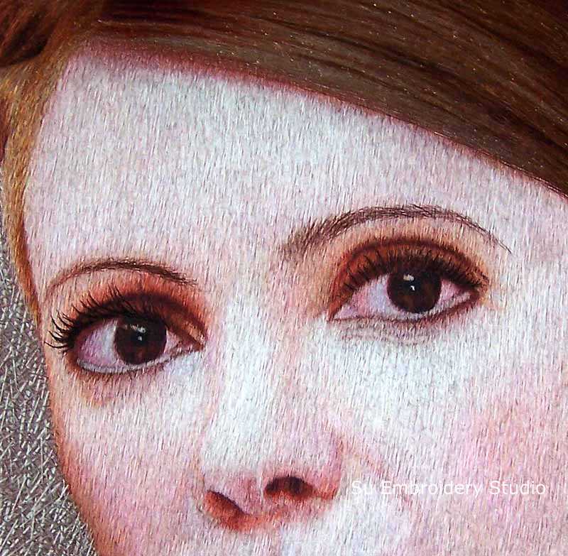 closeup of custom embroidered portrait 'yulia'