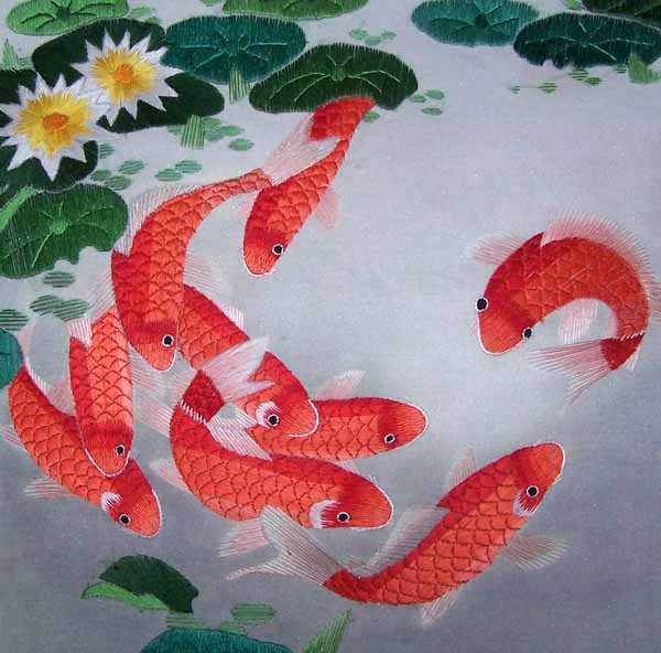 low quality chinese silk embroidery koi