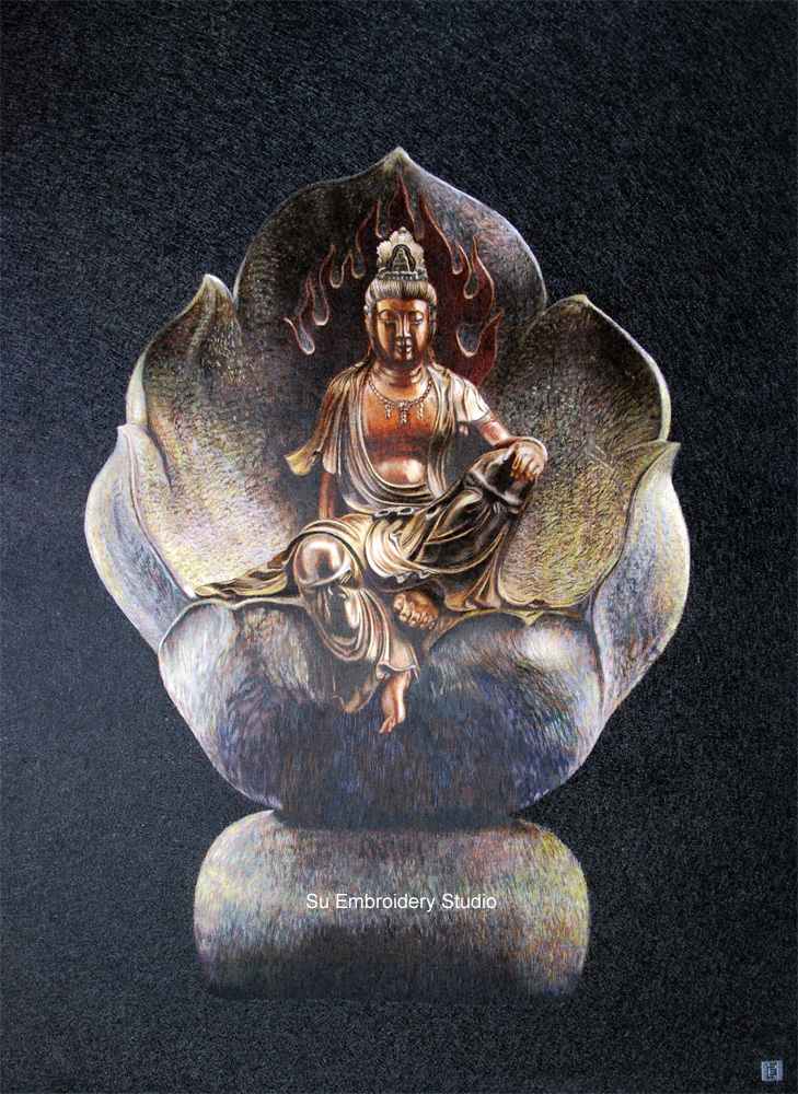 chinese silk embroidery guanyin sitting on lotus flower