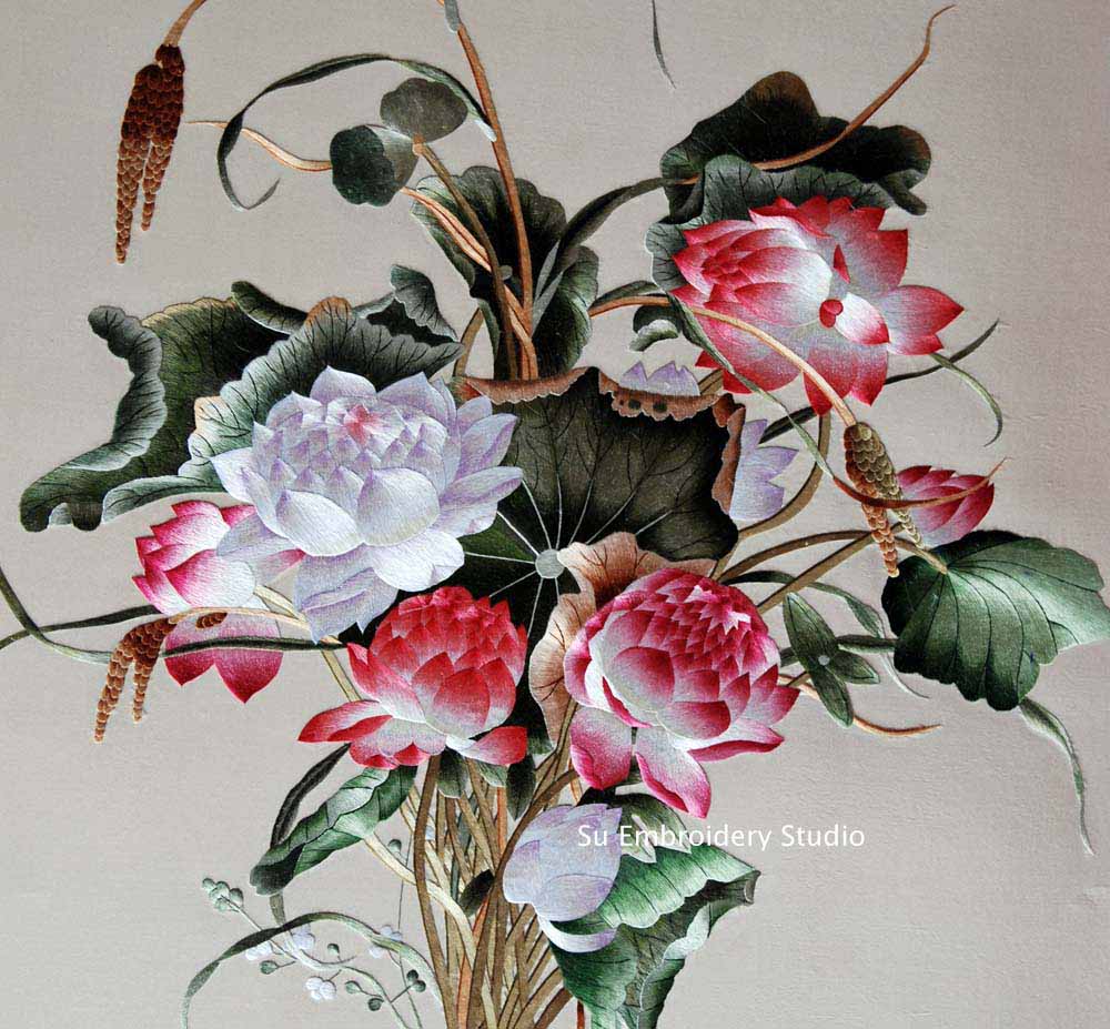 closeup of chinese silk embroidery 'Assembled Auspiciousness'