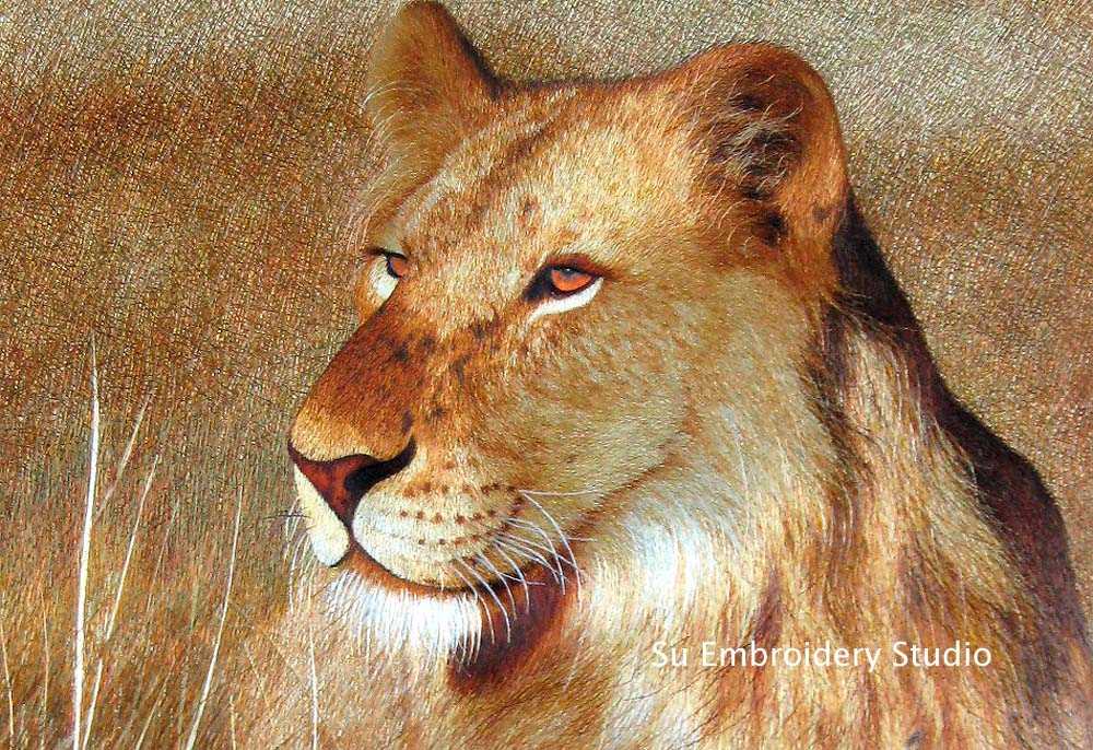 silk embroidery 'lion in grass' closeup