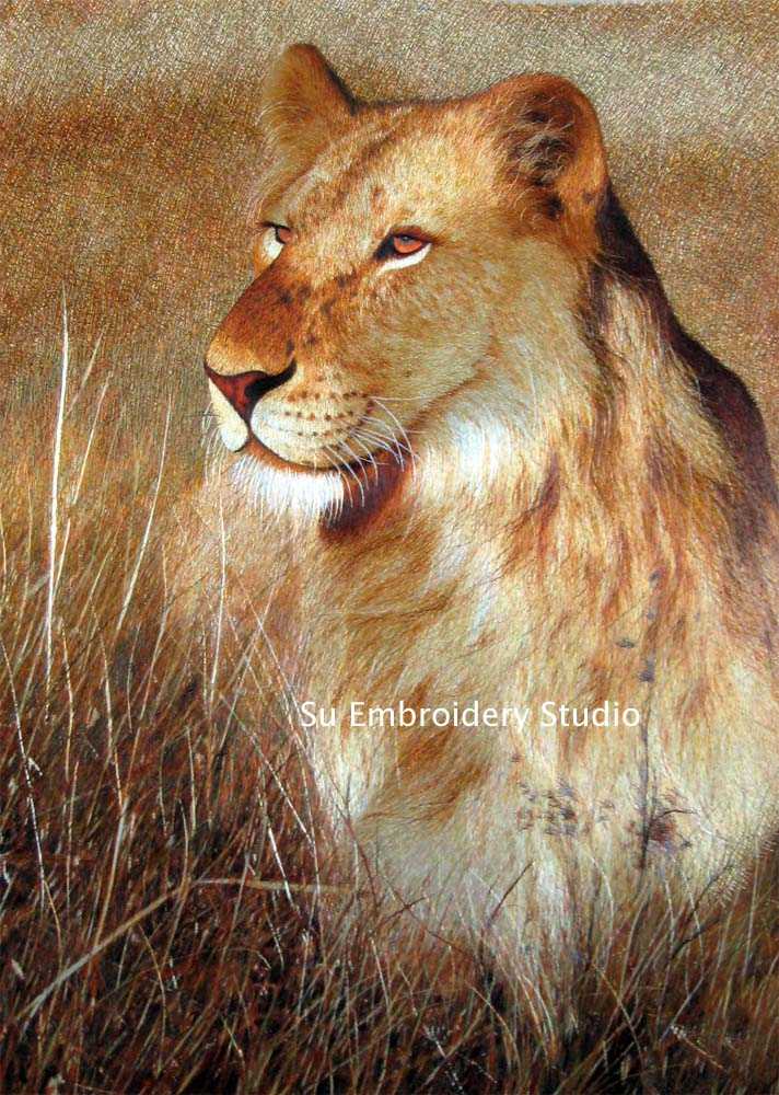 silk embroidery 'lion in grass'