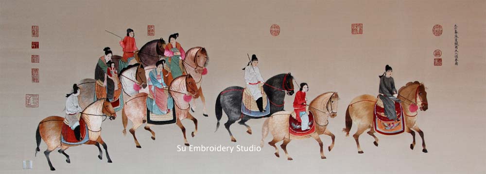 Chinese silk embroidery lady guoguo's spring outing