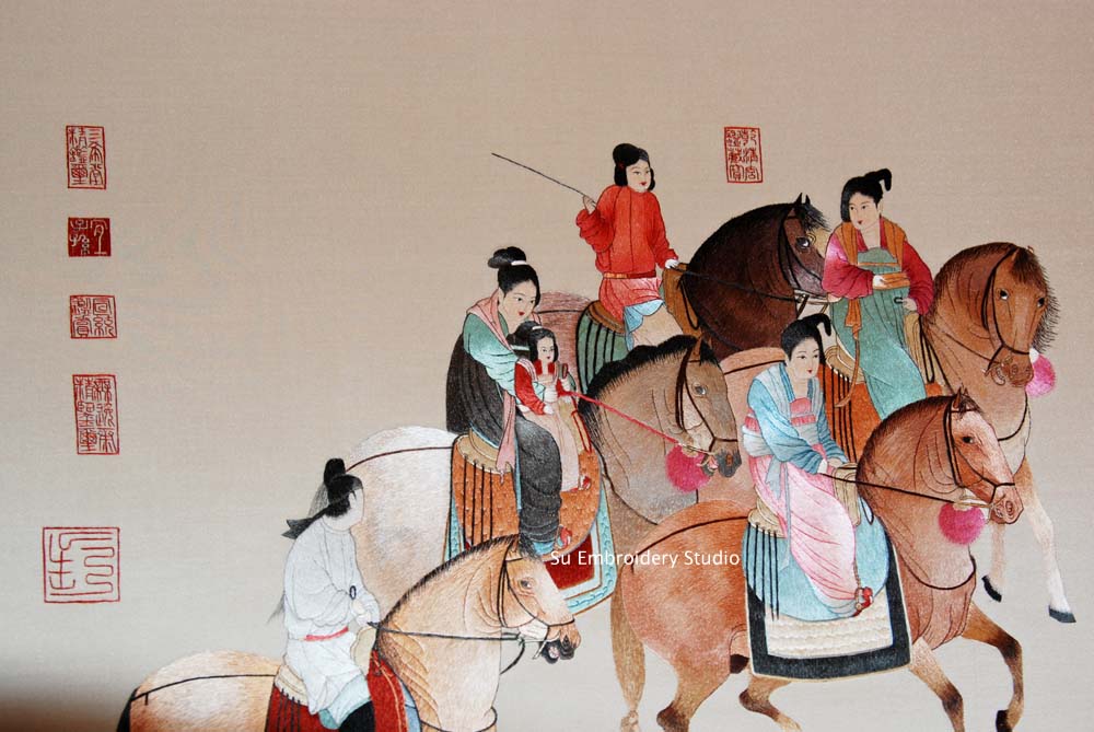 close up of Chinese silk embroidery lady guoguo's spring outing