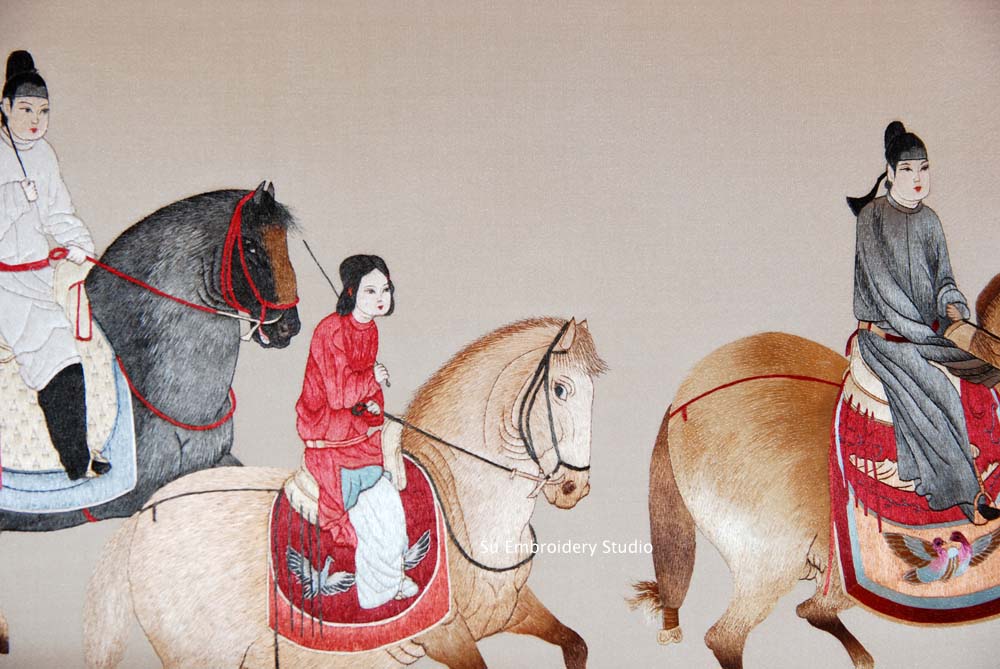 closeup of Chinese silk embroidery lady guoguo's spring outing