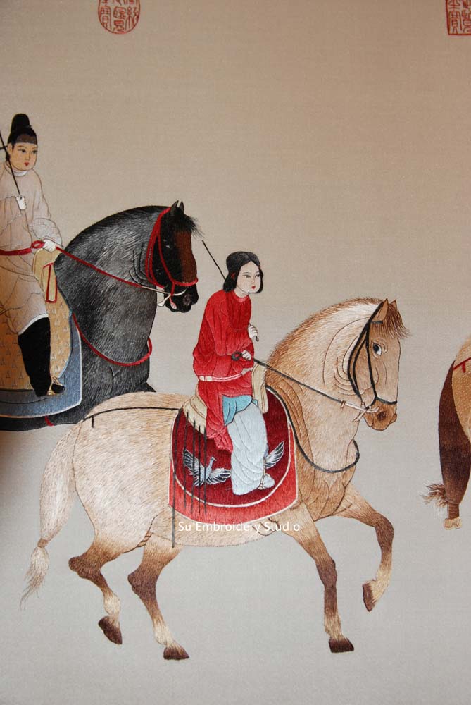 closeup of Chinese silk embroidery lady guoguo's spring outing