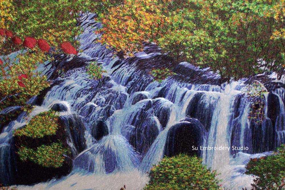 closeup of waterfall Chinese silk embroidery