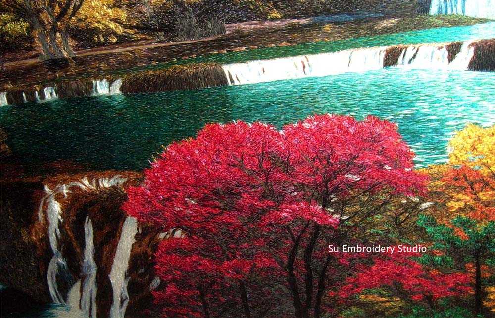 closeup of jiuzhaigou landsccape silk embroidery