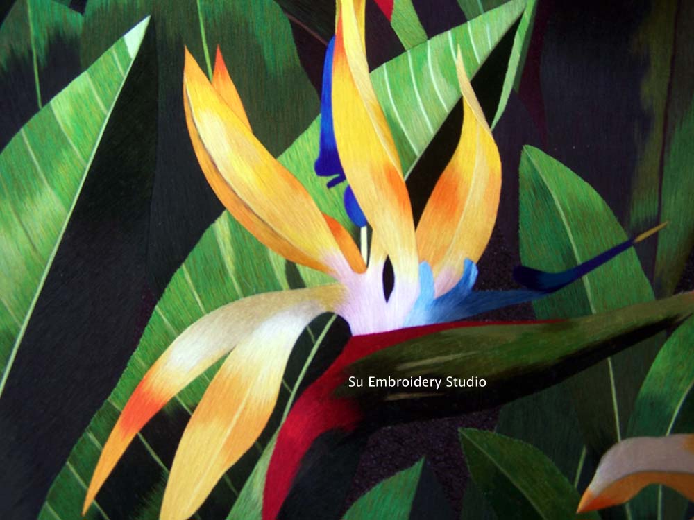 'bird of paradise' hand embroidered silk art