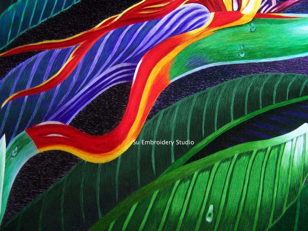 silk embroidery 'bird of paradise' closeup