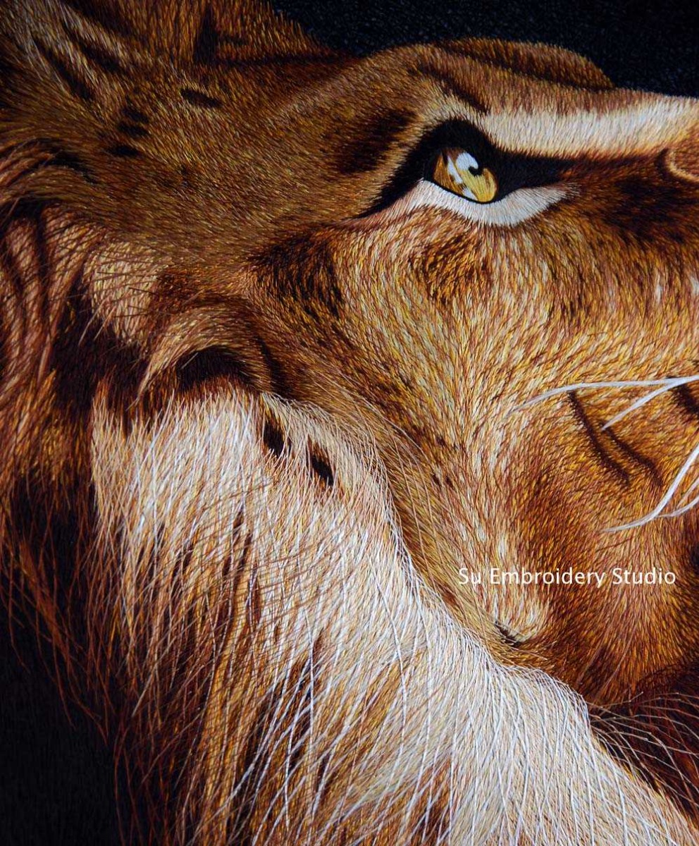 chinese silk embroidery lion closeup