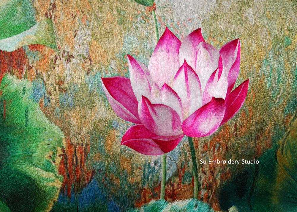 closeup of hand embroidered silk lotus flower