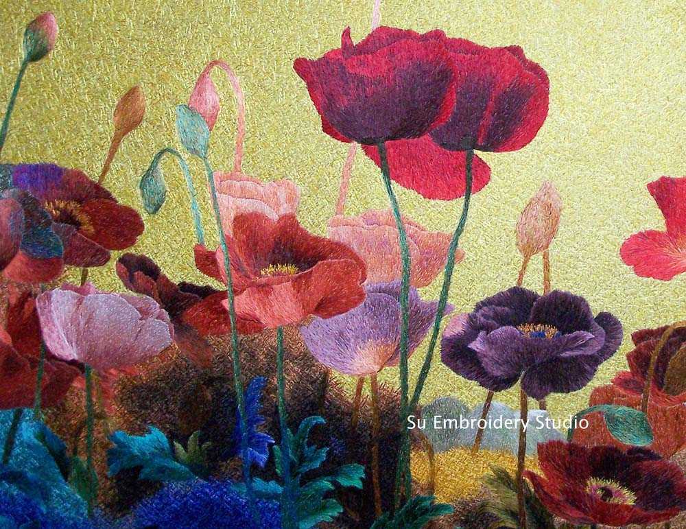 chinese silk embroidery 'Poppy Flowers' closeup