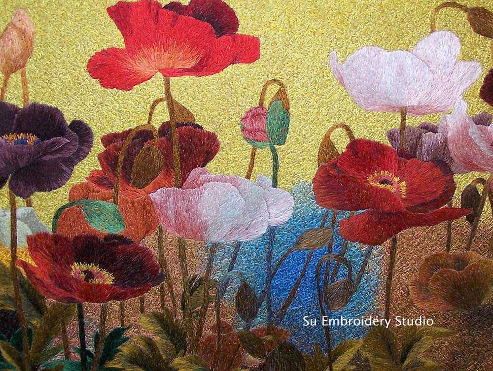 chinese silk embroidery 'Poppy Flowers' closeup