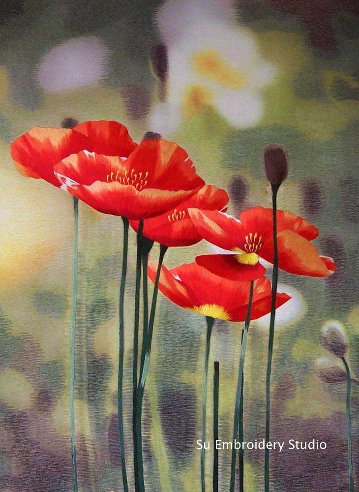 chinese silk embroidery 'red poppies'