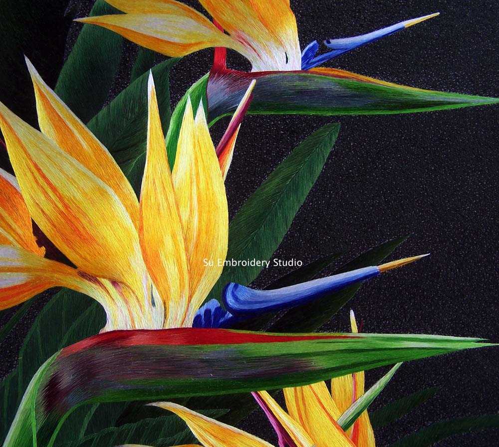 hand embroidered silk art 'bird of paradise' closeup