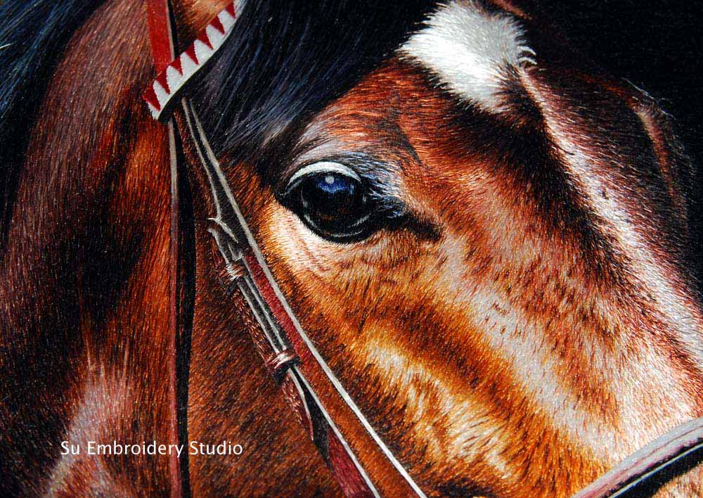 closeup of silk embroidery horse 'Treve', hand embroidered