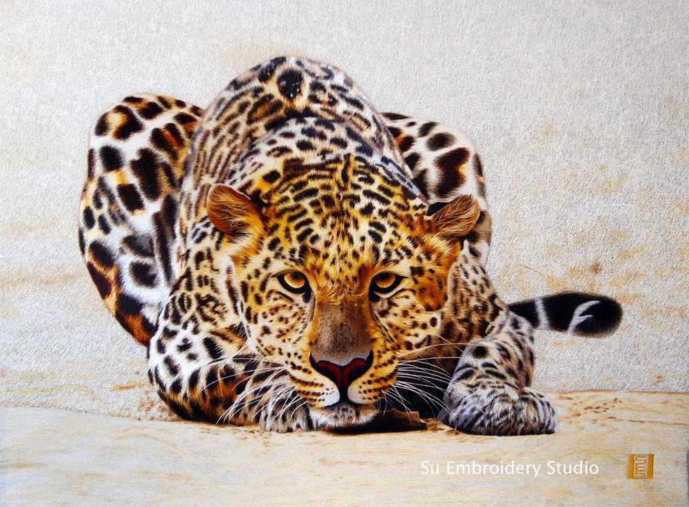 Chinese silk embroidery 'leopard in crouch'