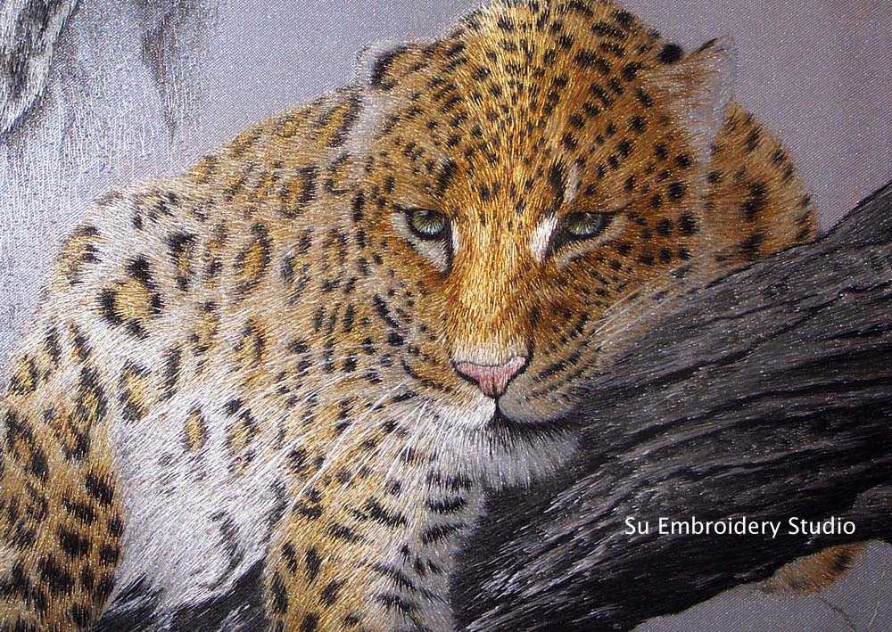 chinese silk embroidery 'leopard on tree' closeup
