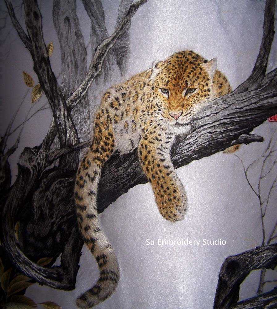 chinese silk embroidery 'leopard on tree'