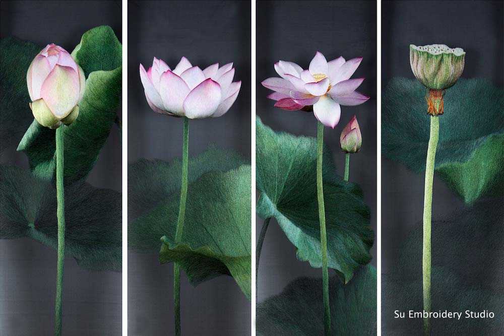 silk embroidery of lotus flower at different stages