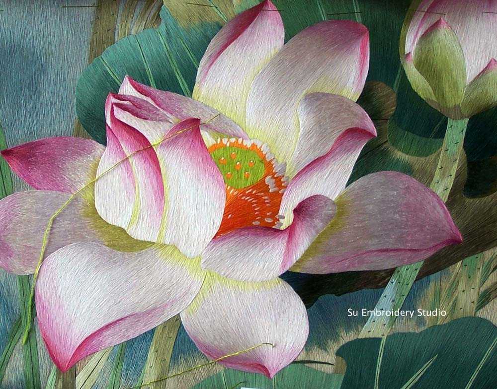closeup of Chinese silk embroidery 'blooming lotus flower'
