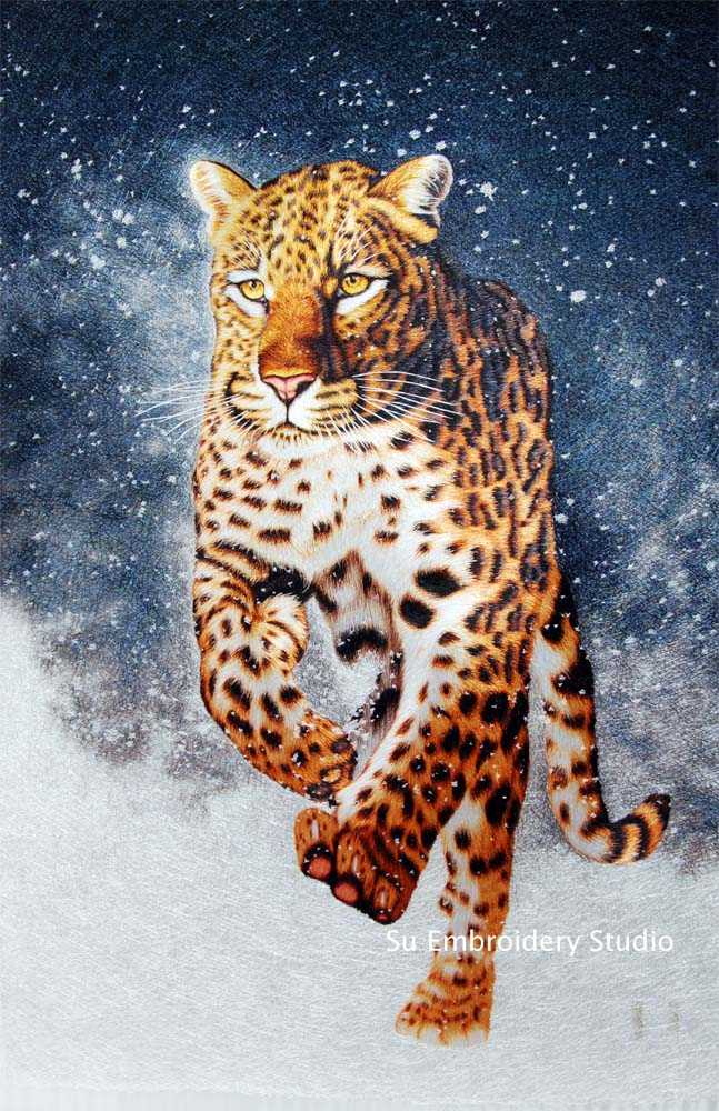 running leopard, a hand embroidered silk art