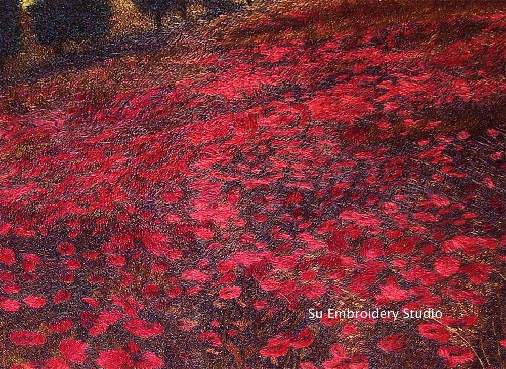 chinese silk embroidery picture 'poppy field' closeup