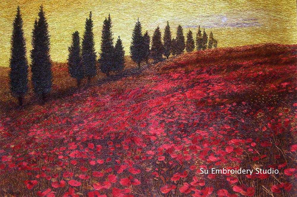 chinese silk embroidery picture 'poppy field'