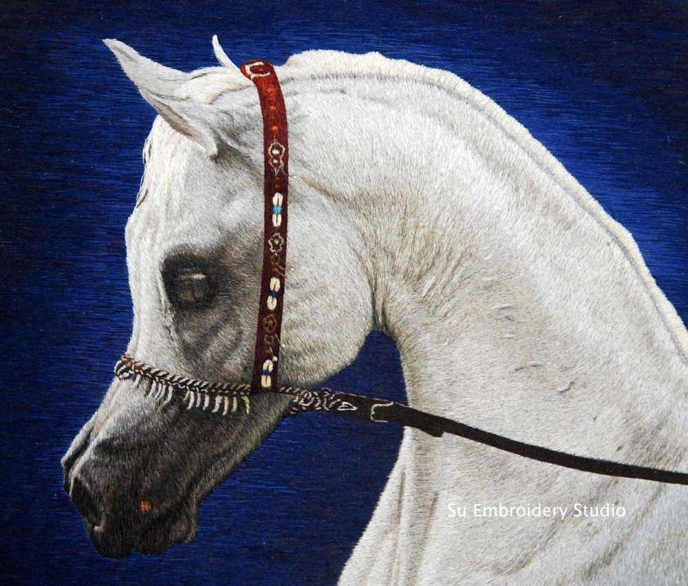 closeup of Chinese silk embroidery of White Horse