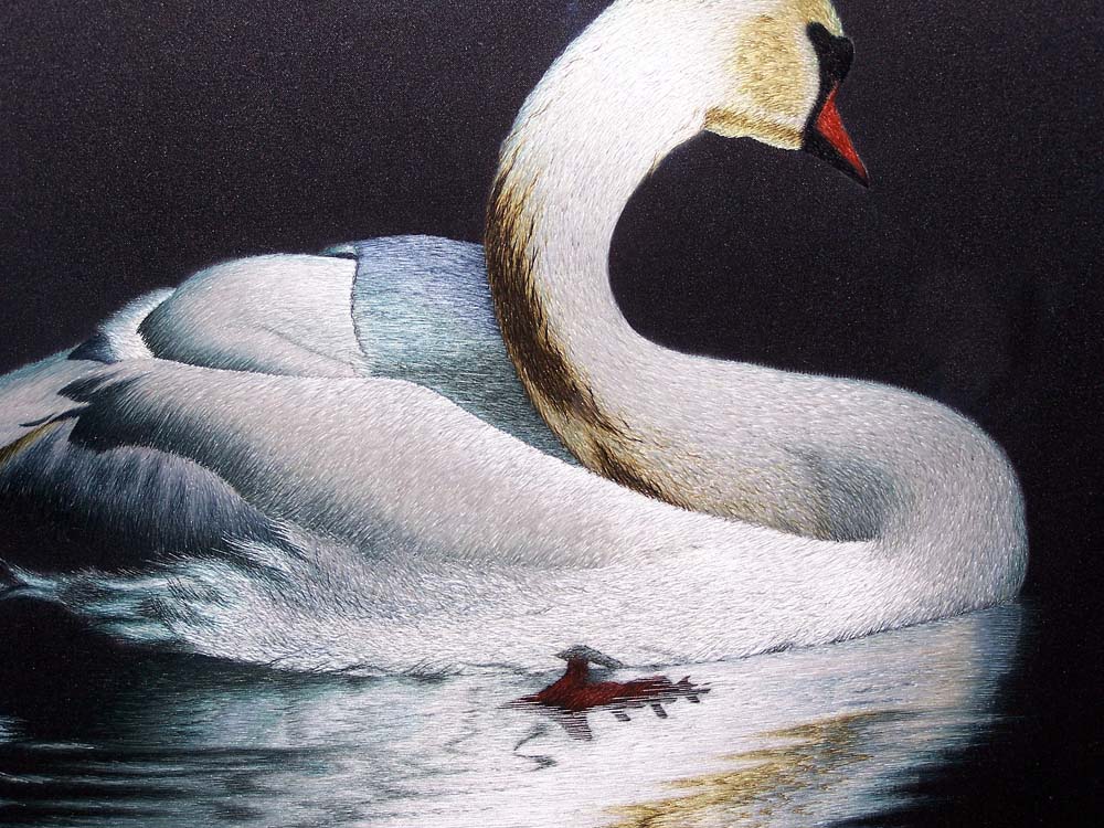 closeup of swan silk embroidery