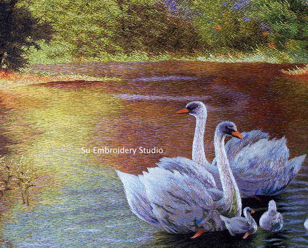 closeup of silk embroidery swans
