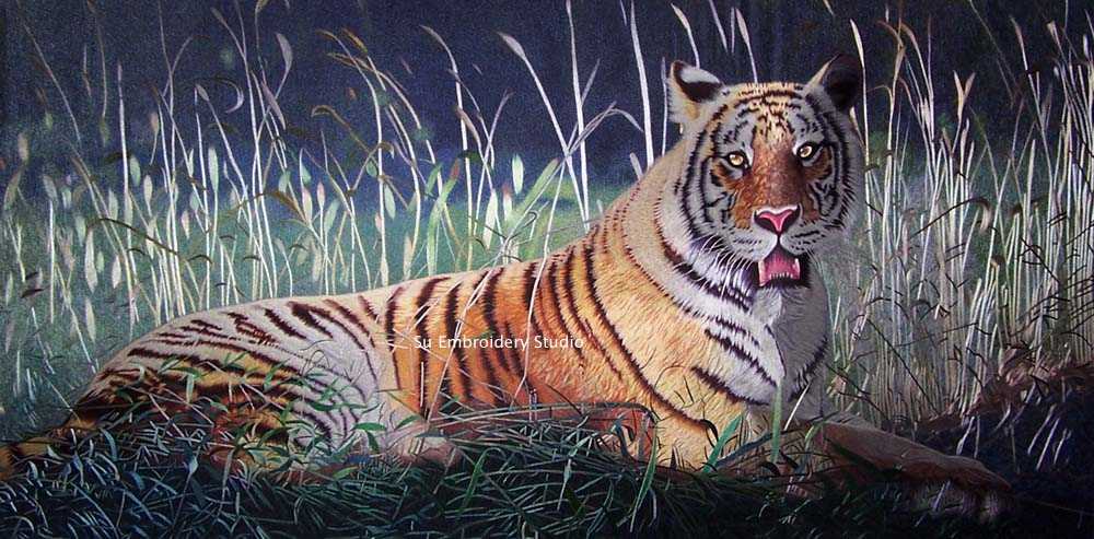 chinese silk embroidery tiger in grass