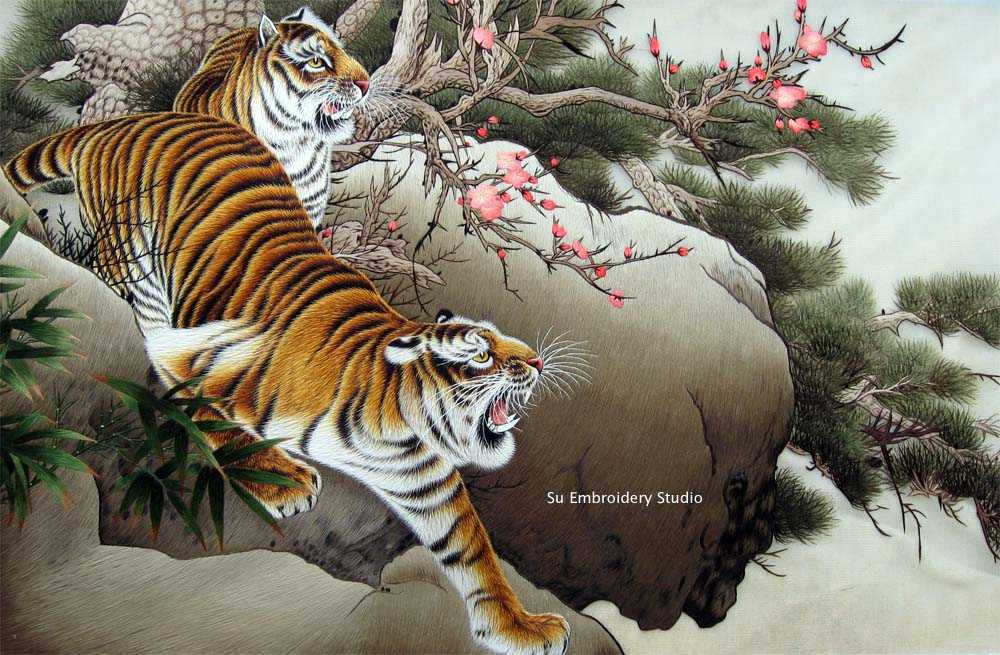 chinese silk embroidery 'two tigers'