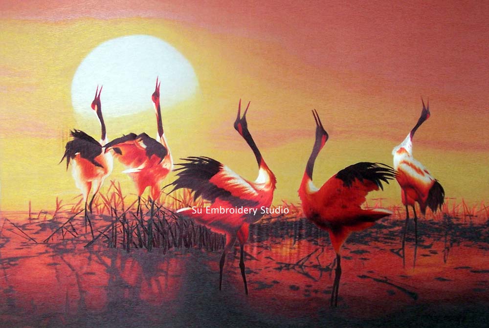 dancing cranes Chinese silk embroidery 
