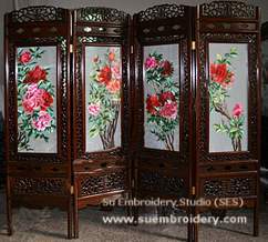 four panel embroidery floor screen