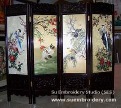 four panel embroidery floor screen